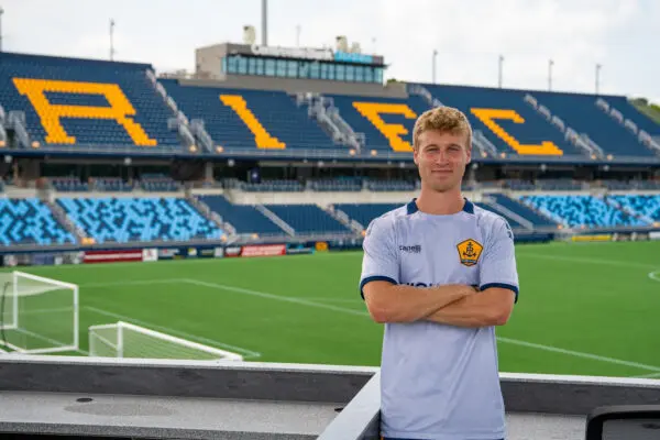 Photo of Robert Dwyer ’27 at Rhode Island FC’s home venue, Centreville Bank Stadium in Pawtucket.