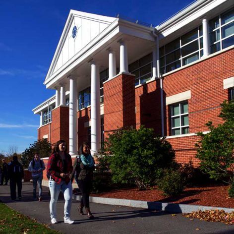 two students walking by the Fels Student Center