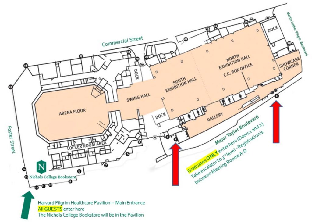A map of the DCU center with marked entrances