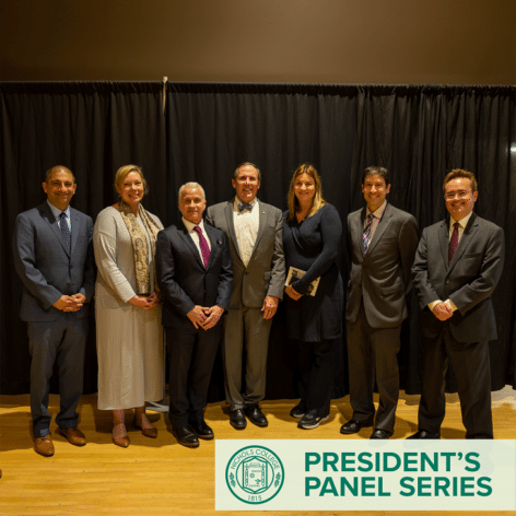 group photo of Jamil Jaffer, JD, Dr. Caitlin Carenen, Dr. Daniel Borgia, President Glenn M. Sulmasy, JD, LL.M, First Lady Marla Sulmasy, Dr. Michael E. Neagle; Dr. Nile Gardiner.