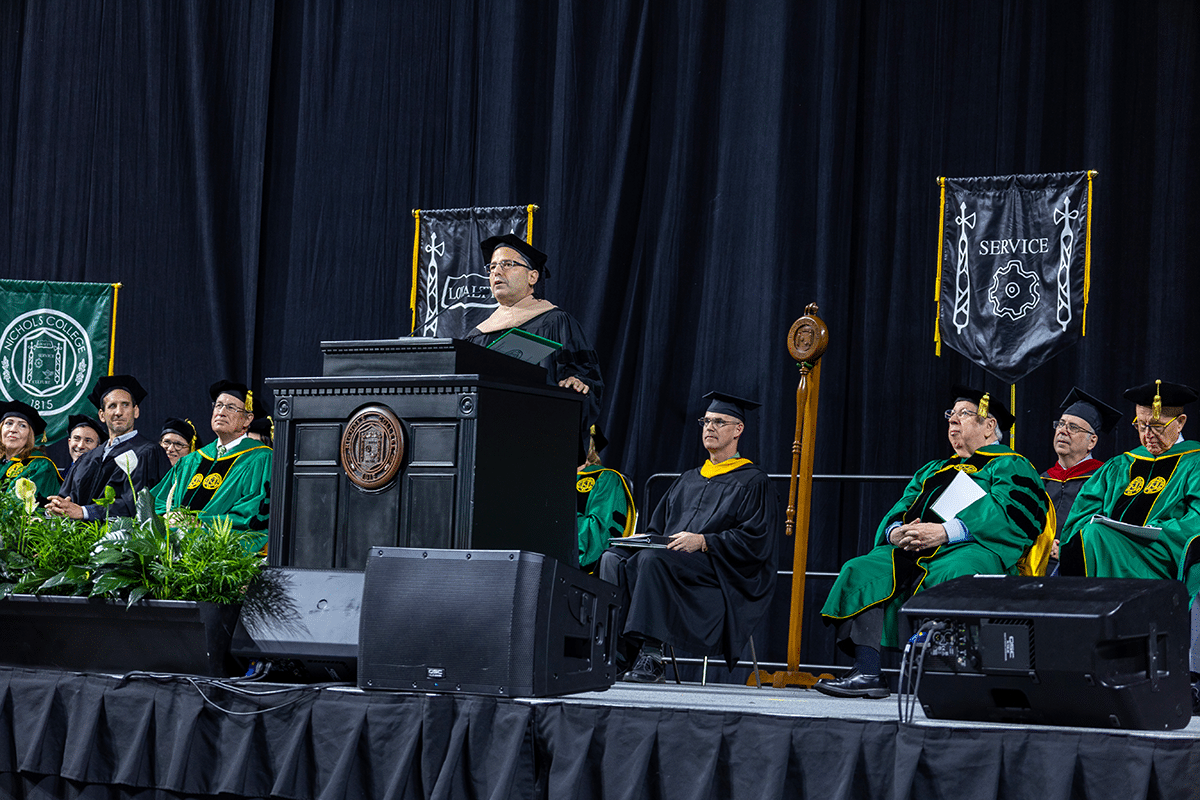 Josh Kraft, owner of New England Patriots Charitable Foundation, speaking at commencement on May 6