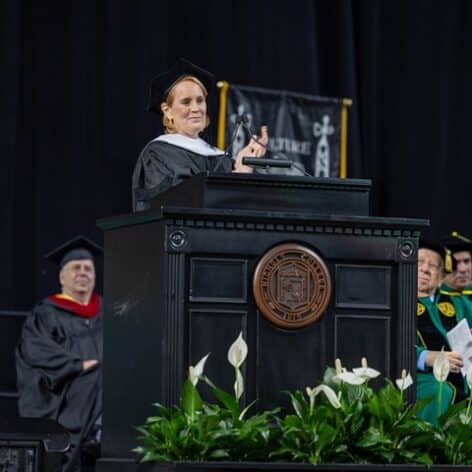 BlackRock advisor Anne Ackerley delivers the commencement address at the 2025 Nichols commencement ceremony