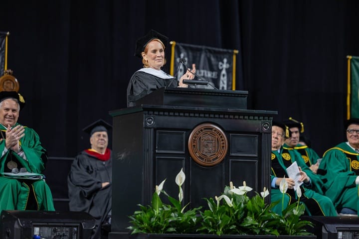 BlackRock advisor Anne Ackerley delivers the commencement address at the 2025 Nichols commencement ceremony