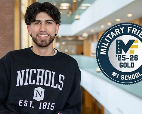 Photo of Nichols student veteran Ryan Leary and Military Friendly seal