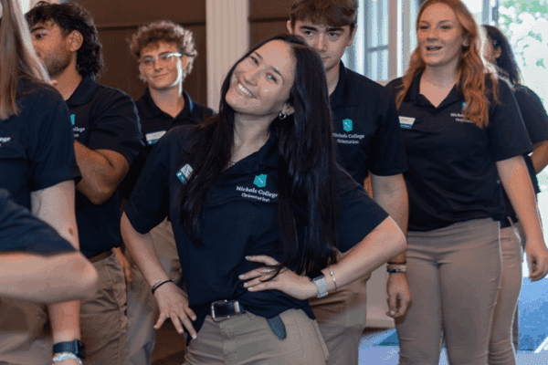 Jackie Asselin and classmates welcome new students to campus during orientation in June 2023