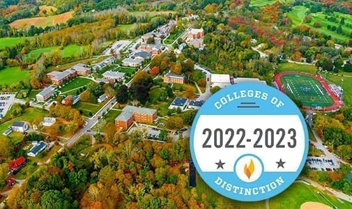 Aerial view of Nichols College with the College of Distinction Badge
