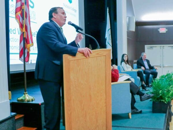 President Glenn M. Sulmasy, JD, LL.M speaking at the President’s Lecture Series