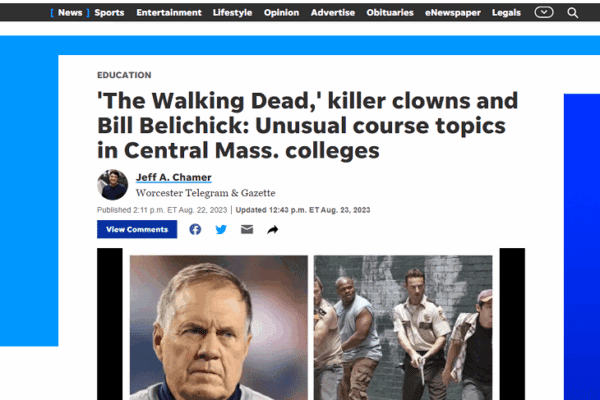 Screenshot of Worcester Telegram and Gazette article about Nichols Disney to Belichick course