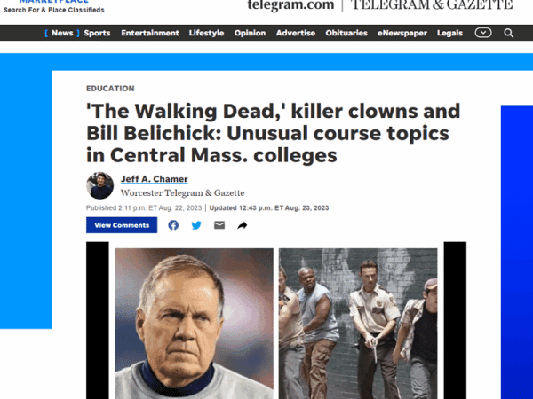 Screenshot of Worcester Telegram and Gazette article about Nichols Disney to Belichick course