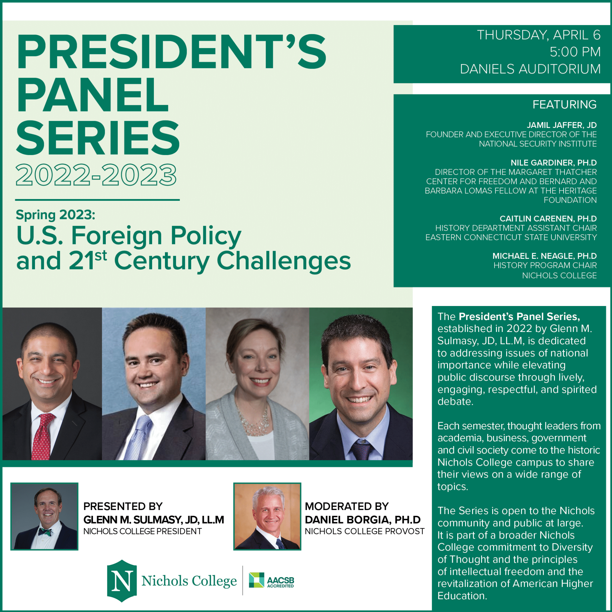 Official Flier for President’s Panel Series, which takes place on Thursday, April 6 at Nichols College