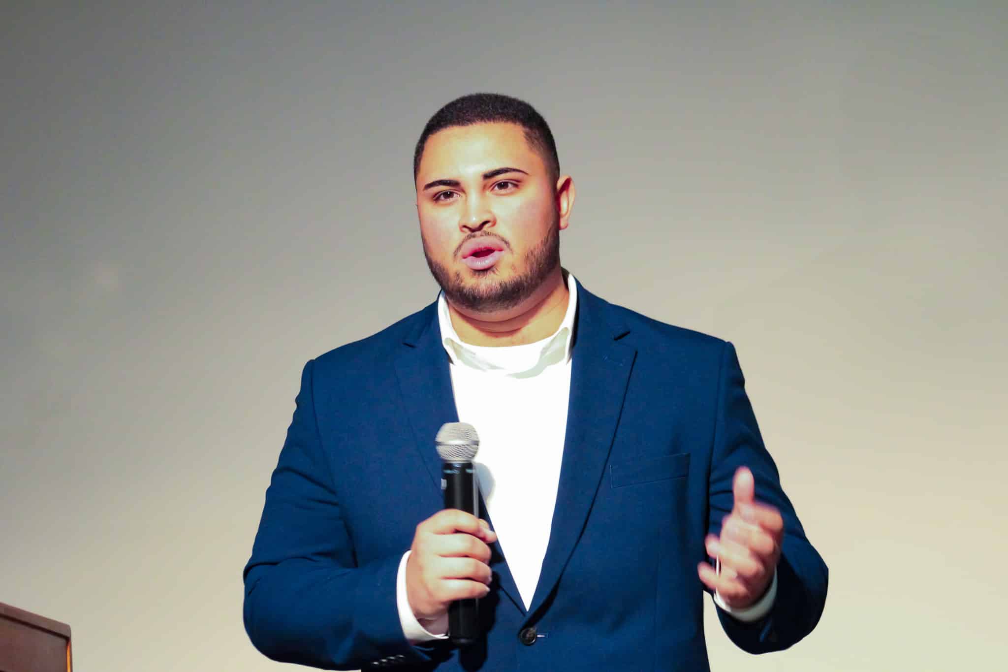 Luis Garcia speaking at the 2026 Annual Elevator Pitch Competition