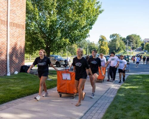 Nichols College students in Bison athletics gear push orange move-in carts along a campus sidewalk during Freshman Move-In Day.