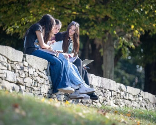 Three students sit on a stone wall on the Nichols College campus, reviewing notes and books together on a fall afternoon.