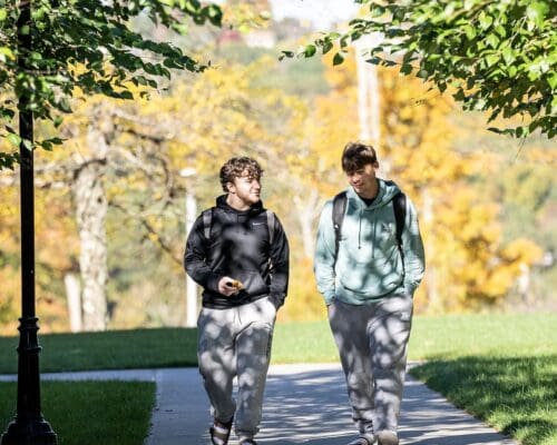 Two students with backpacks walk and talk along a tree-lined campus path at Nichols College surrounded by fall foliage.