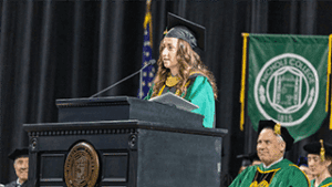 Ema Jaskova delivers the undergraduate studenst address.