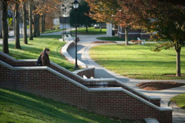A student with a backpack walks up a brick stairway on the Nichols College campus on a quiet fall afternoon, with a winding tree-lined walkway visible in the background.