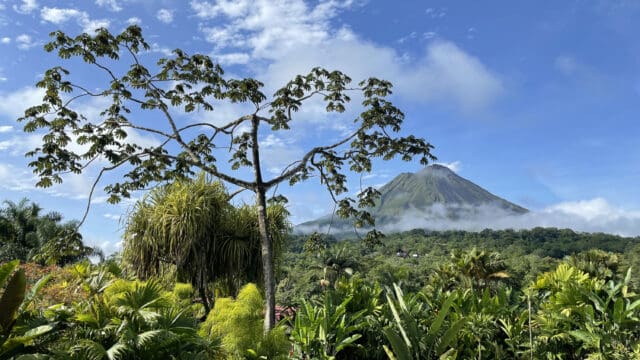 Arenal Volcano in Costa Rica viewed from a distance with dense jungle growth in between.